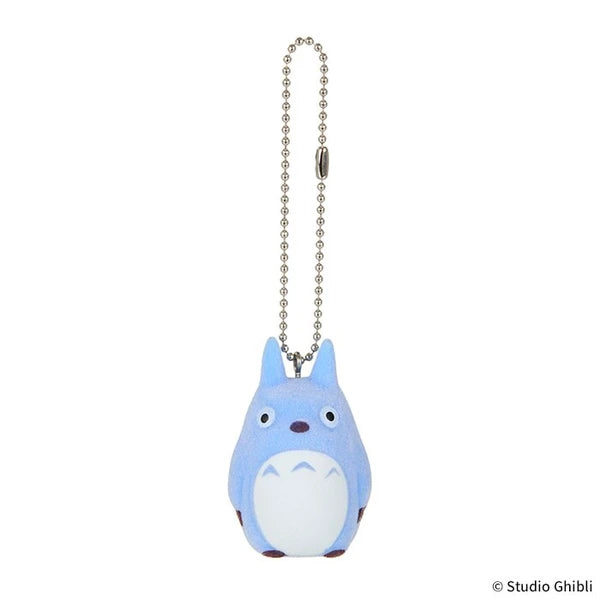 Studio Ghibli blue Totoro flocked charm keychain with ball chain, shown on a white background.