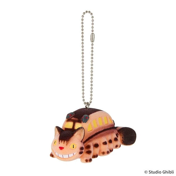 Studio Ghibli Catbus flocked charm keychain with ball chain, shown on a white background.