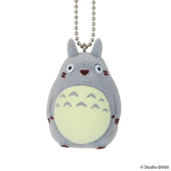 Studio Ghibli gray Totoro flocked charm keychain with ball chain, shown on a white background.