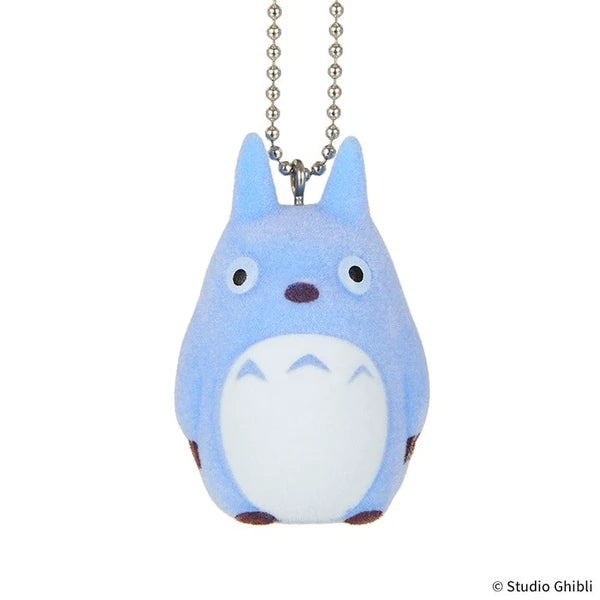 Studio Ghibli blue Totoro flocked charm keychain with ball chain, shown on a white background.