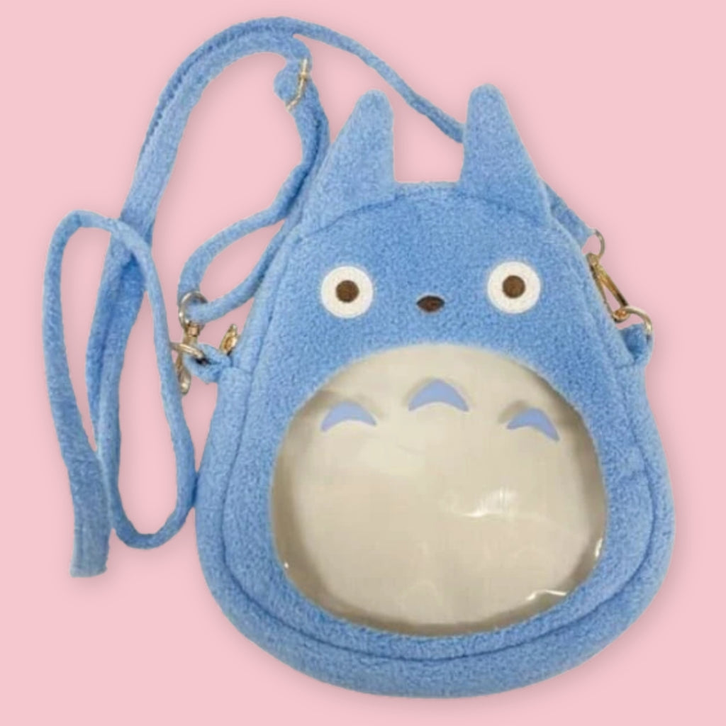 Blue Totoro plush outing pouch with shoulder strap and clear front pocket.