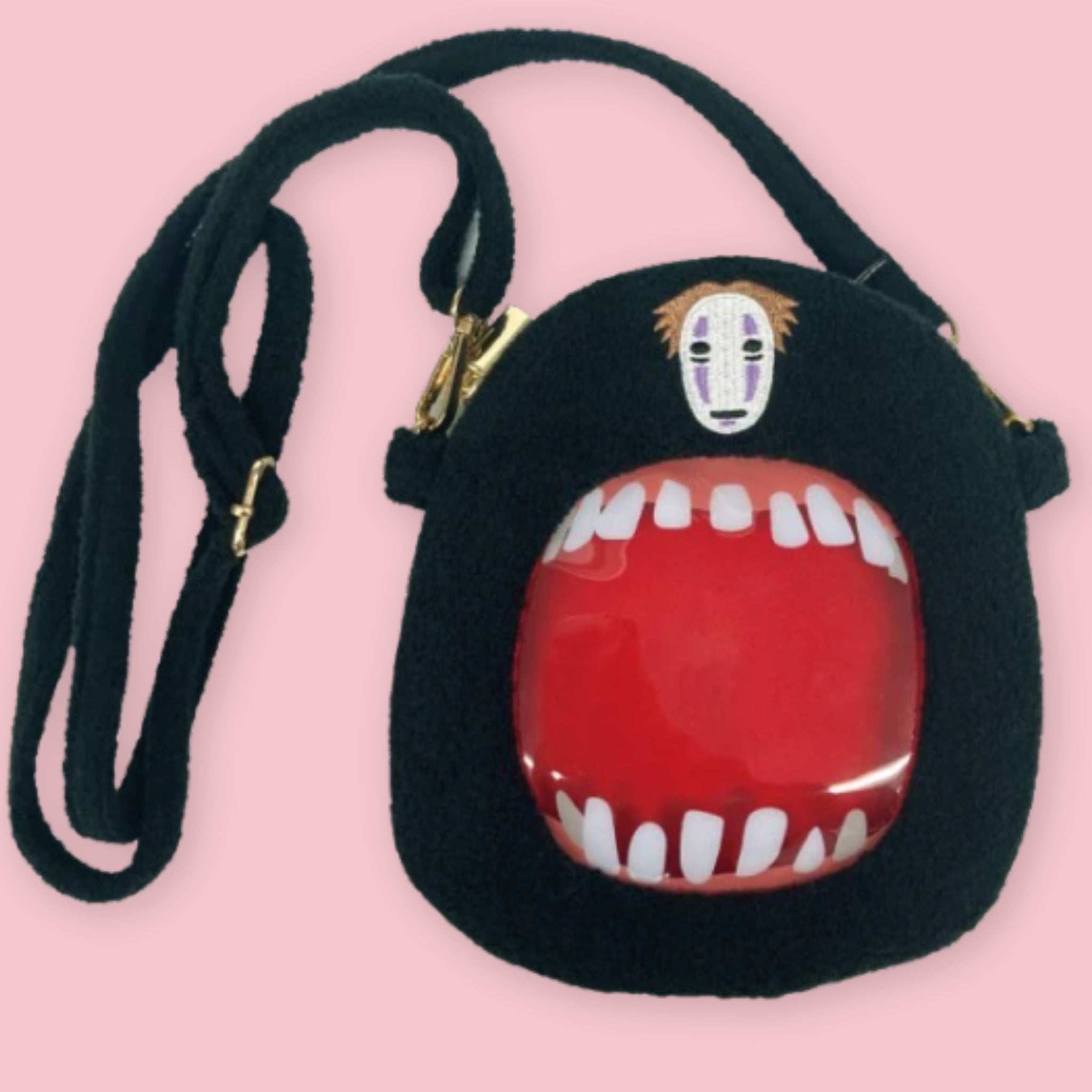 No-Face Spirited Away plush outing pouch with shoulder strap and clear red mouth pocket.
