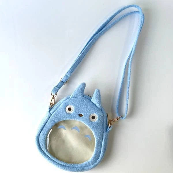 Blue Totoro plush outing pouch with shoulder strap and clear front pocket.