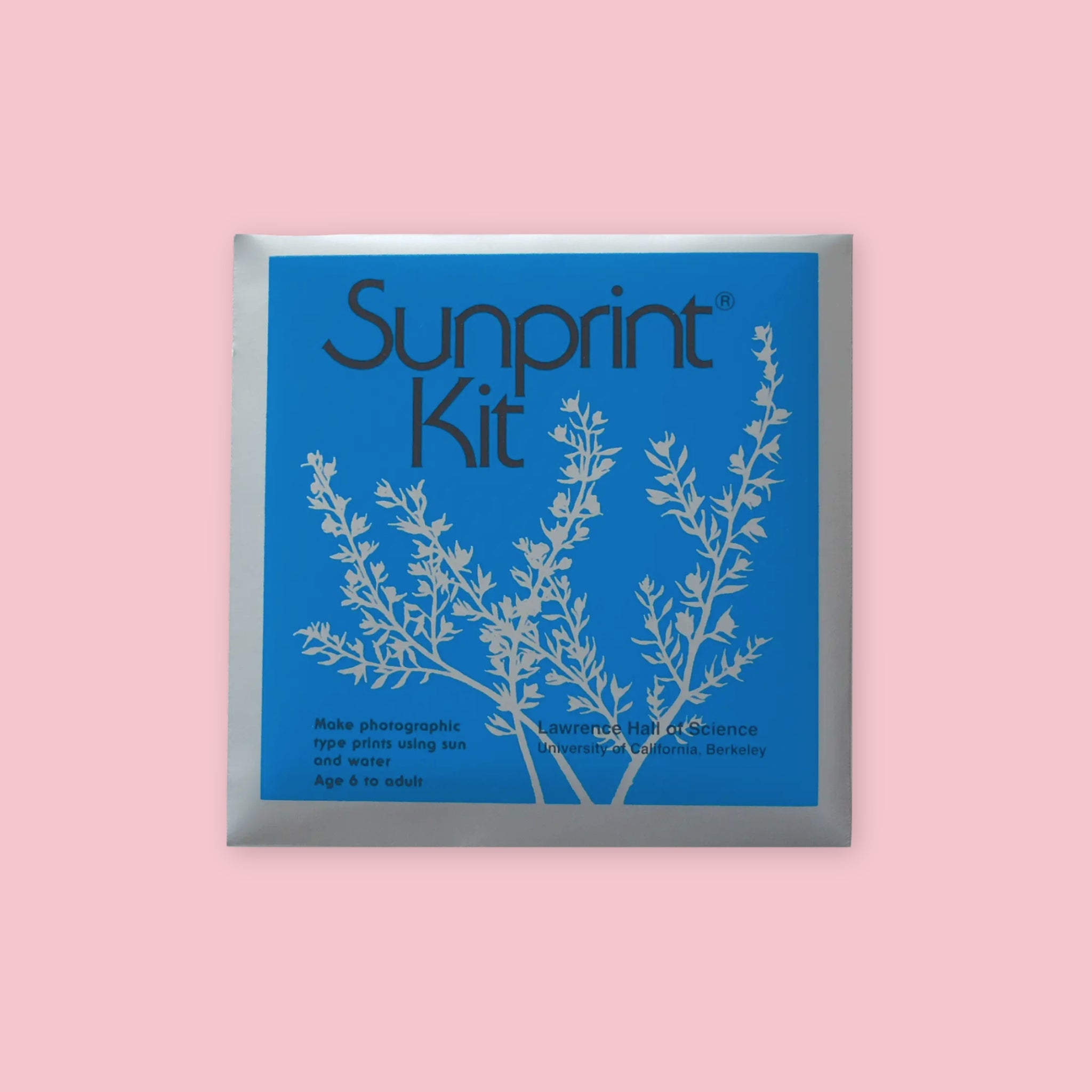 Lawrence Hall of Science Sunprint Kit small size packaging with blue label and botanical plant silhouette design on a pink background
