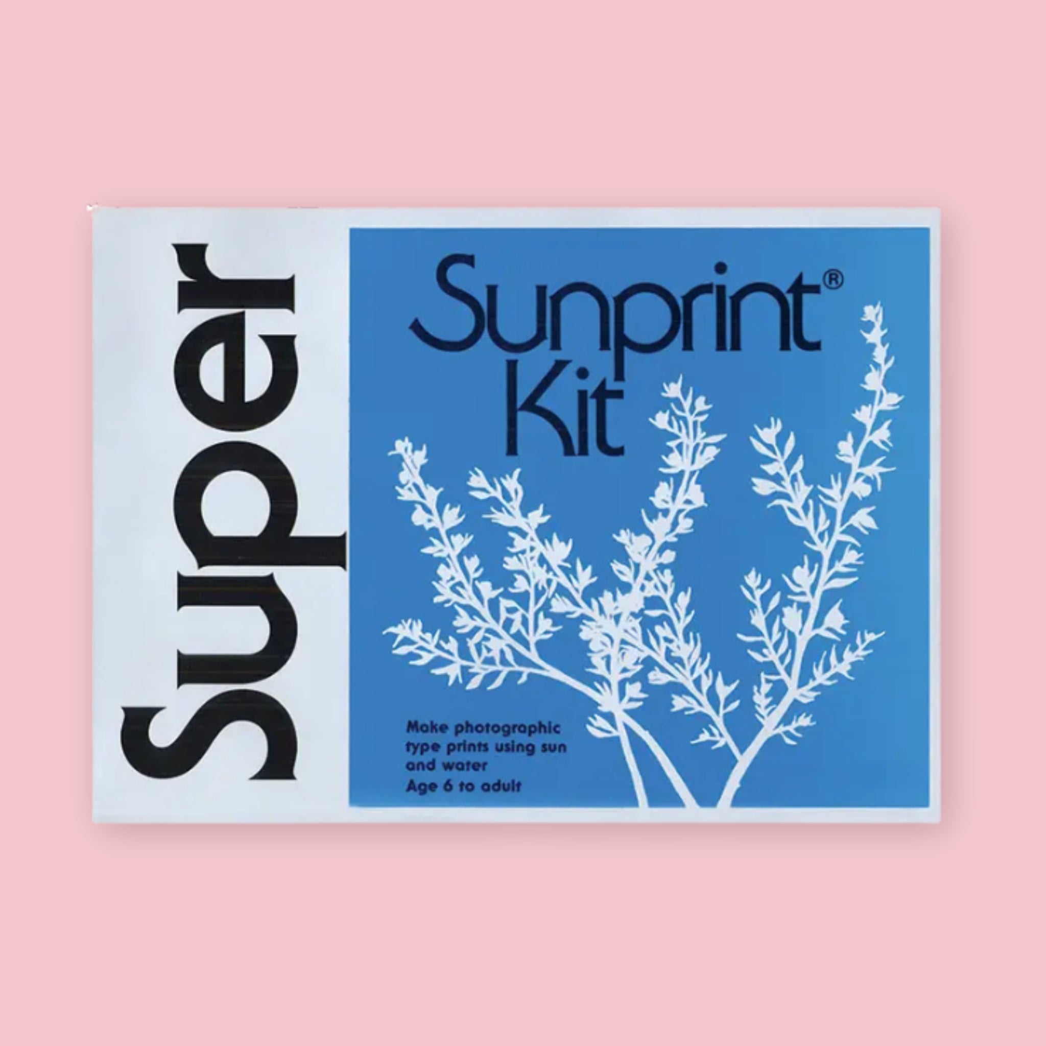 Lawrence Hall of Science Super Sunprint Kit packaging with blue label and botanical plant silhouette design on a pink background