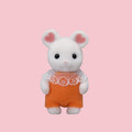 Sylvanian Families mouse baby figure in green outfit, shown against a pink background.