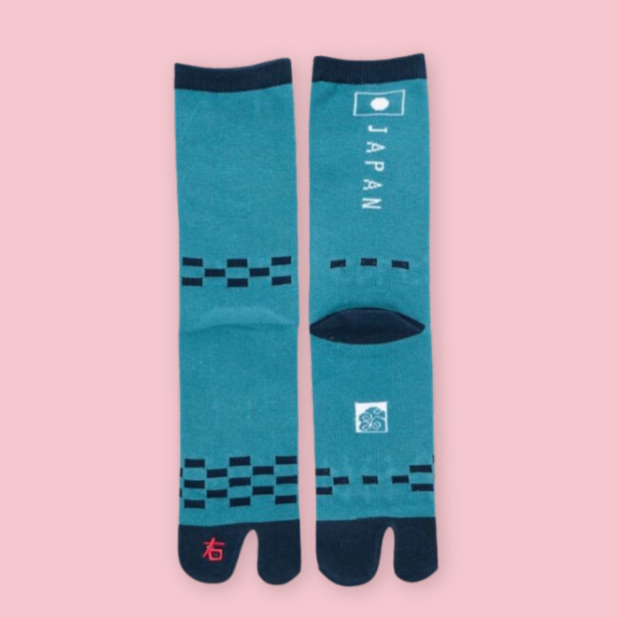Teal blue Japanese tabi socks with navy split toes, cuffs, and geometric checkerboard stripes, displayed on a pink background.