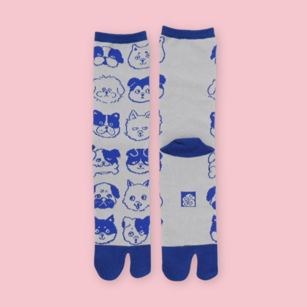 Blue and gray Japanese tabi socks with assorted dog faces and traditional split-toe design, shown front and back.