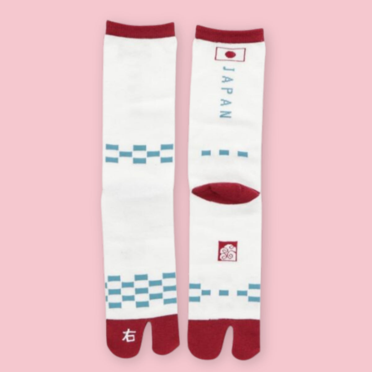 White Japanese tabi socks with red split toes and heels, turquoise checkerboard stripes, and a pink background.