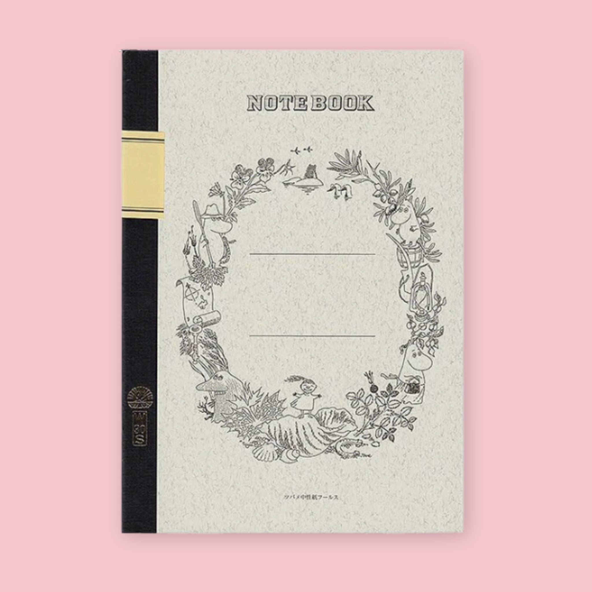 Tsubame notebook featuring Moomin illustrations, with a textured white cover, black spine, and detailed woodland wreath border surrounding blank label lines in the center. The monochrome artwork includes Moomin characters, plants, and nature scenes.