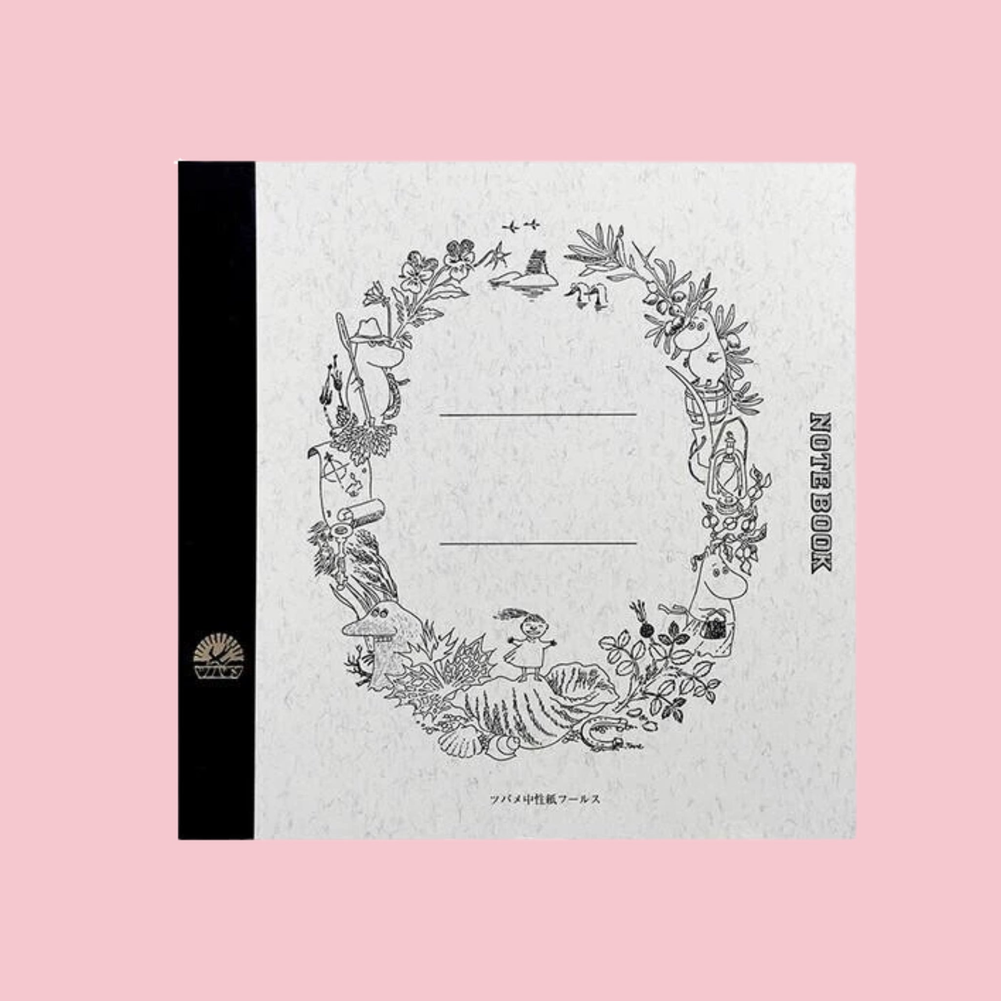 Square Tsubame notebook featuring Moomin illustrations, with a textured white cover, black spine, and detailed woodland wreath border surrounding blank label lines in the center. The monochrome artwork includes Moomin characters, plants, and nature scenes.