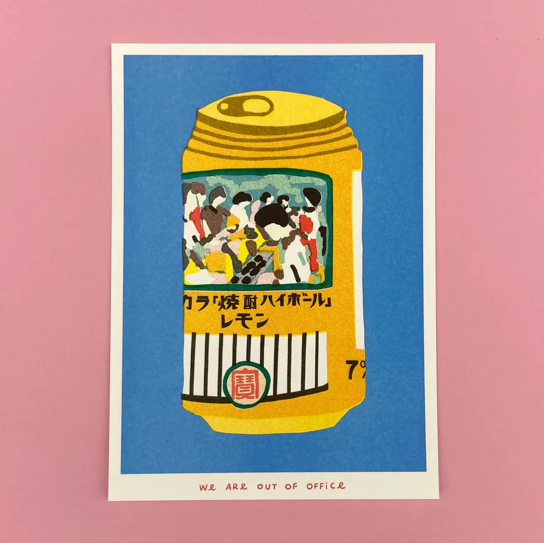 We Are Out of Office risograph art print featuring a yellow Japanese chu-hi can illustration on a blue background, photographed against pink.