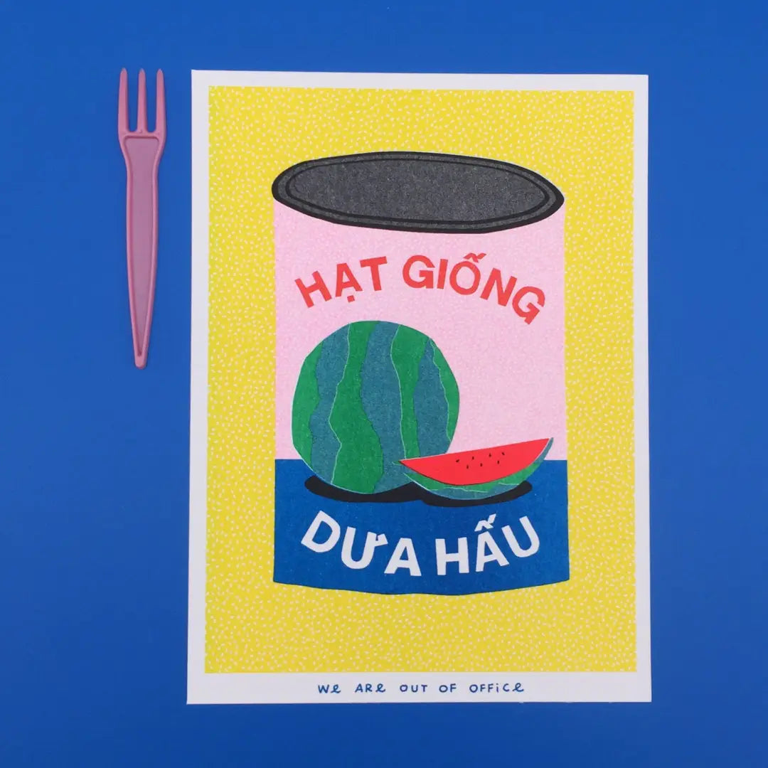 We Are Out of Office risograph art print featuring a Vietnamese watermelon seed can illustration on a yellow background, photographed on blue with a pink fork.