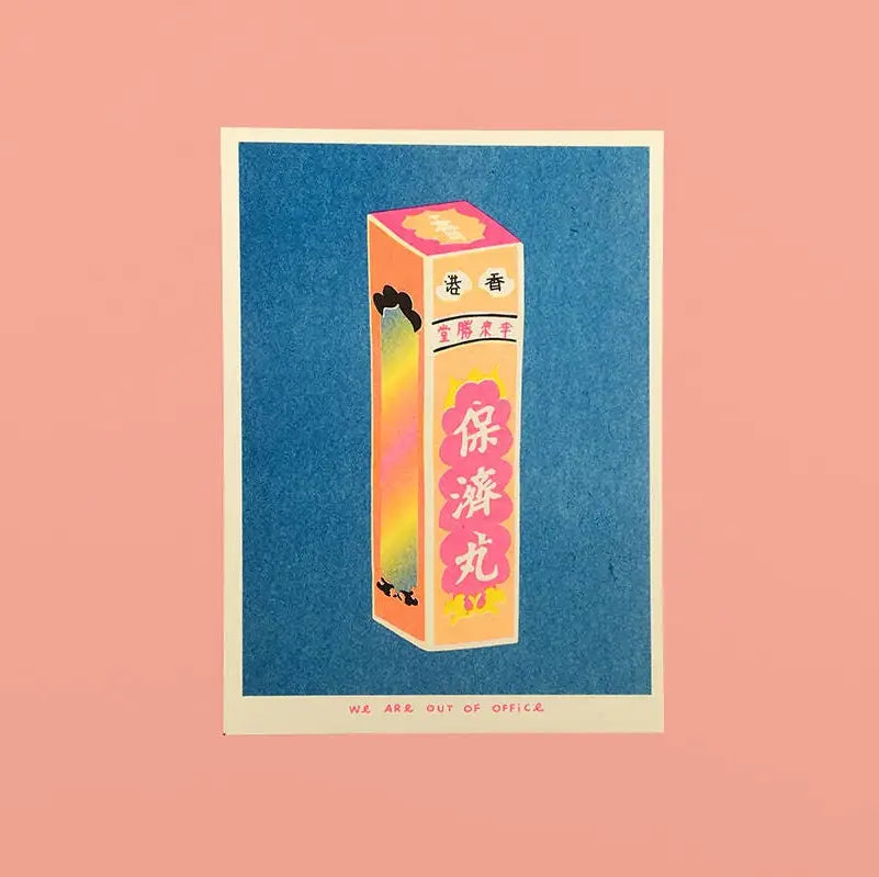 We Are Out of Office risograph art print featuring a Po Chai Pills box illustration with Chinese text, photographed on a pink background.