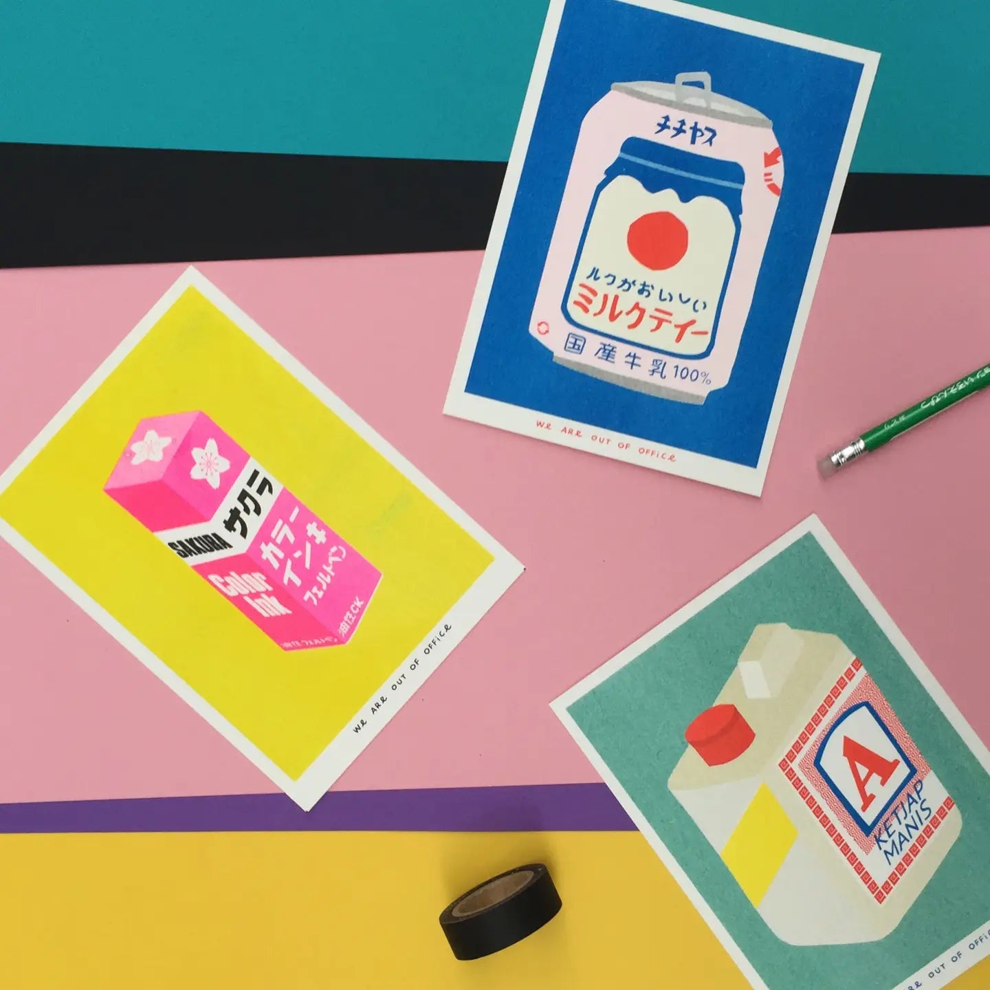 Three We Are Out of Office risograph art prints with Japanese packaging-inspired illustrations, arranged on a colorful background with a pencil and roll of tape.
