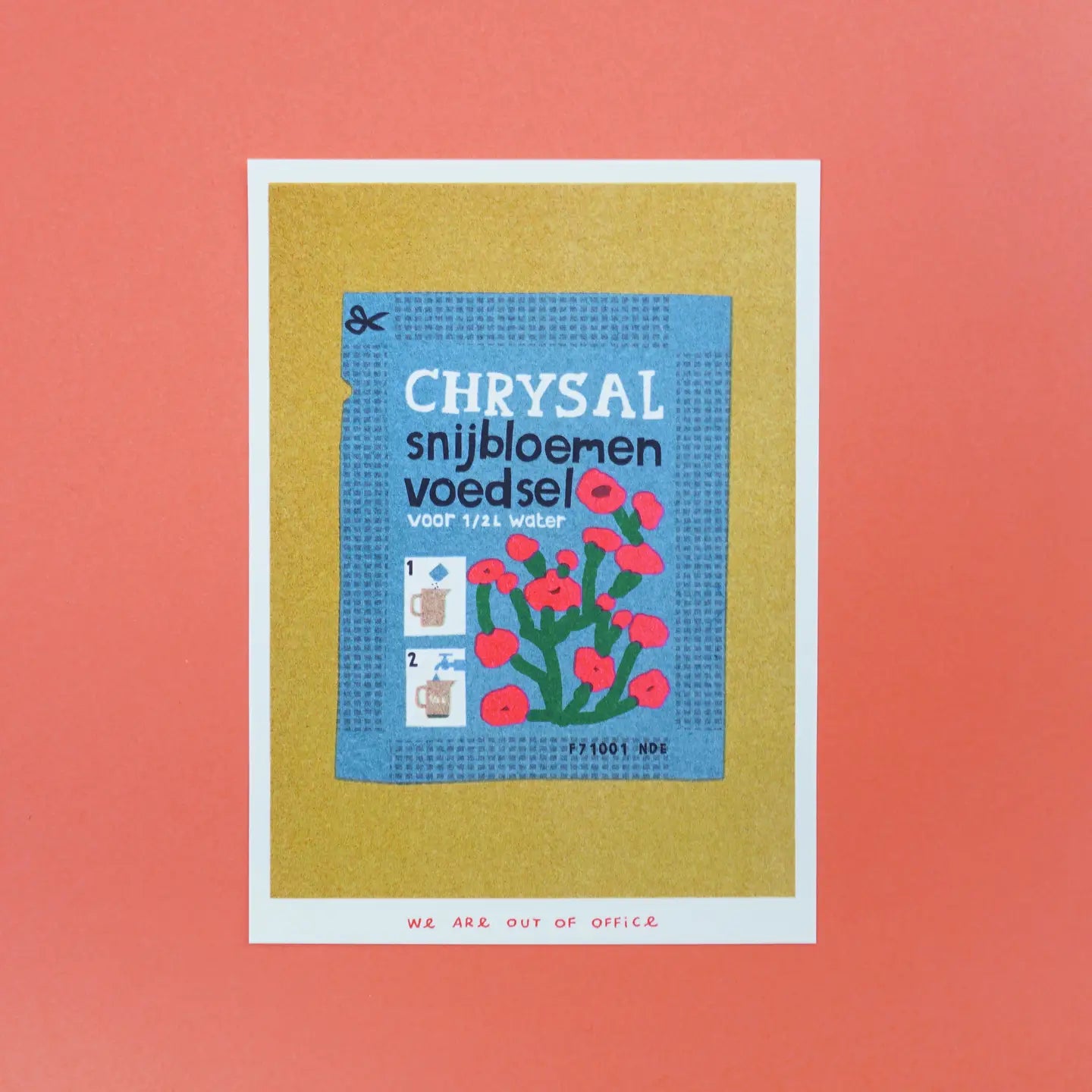 We Are Out of Office risograph art print featuring a vintage flower food packet illustration with red flowers, photographed on a coral background.