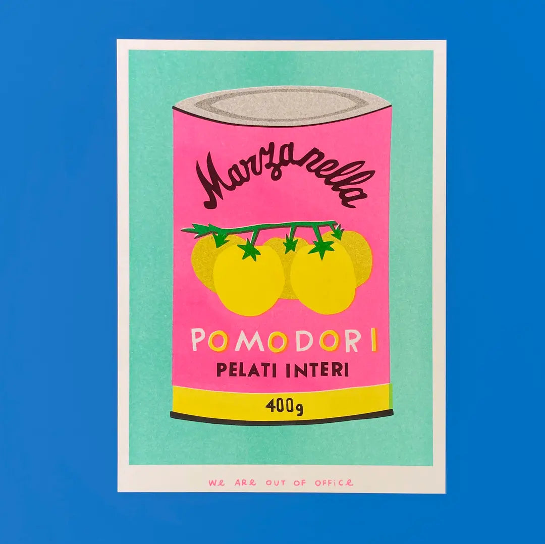 We Are Out of Office risograph art print featuring a pink Italian tomato can illustration with yellow tomatoes, photographed on a blue background.