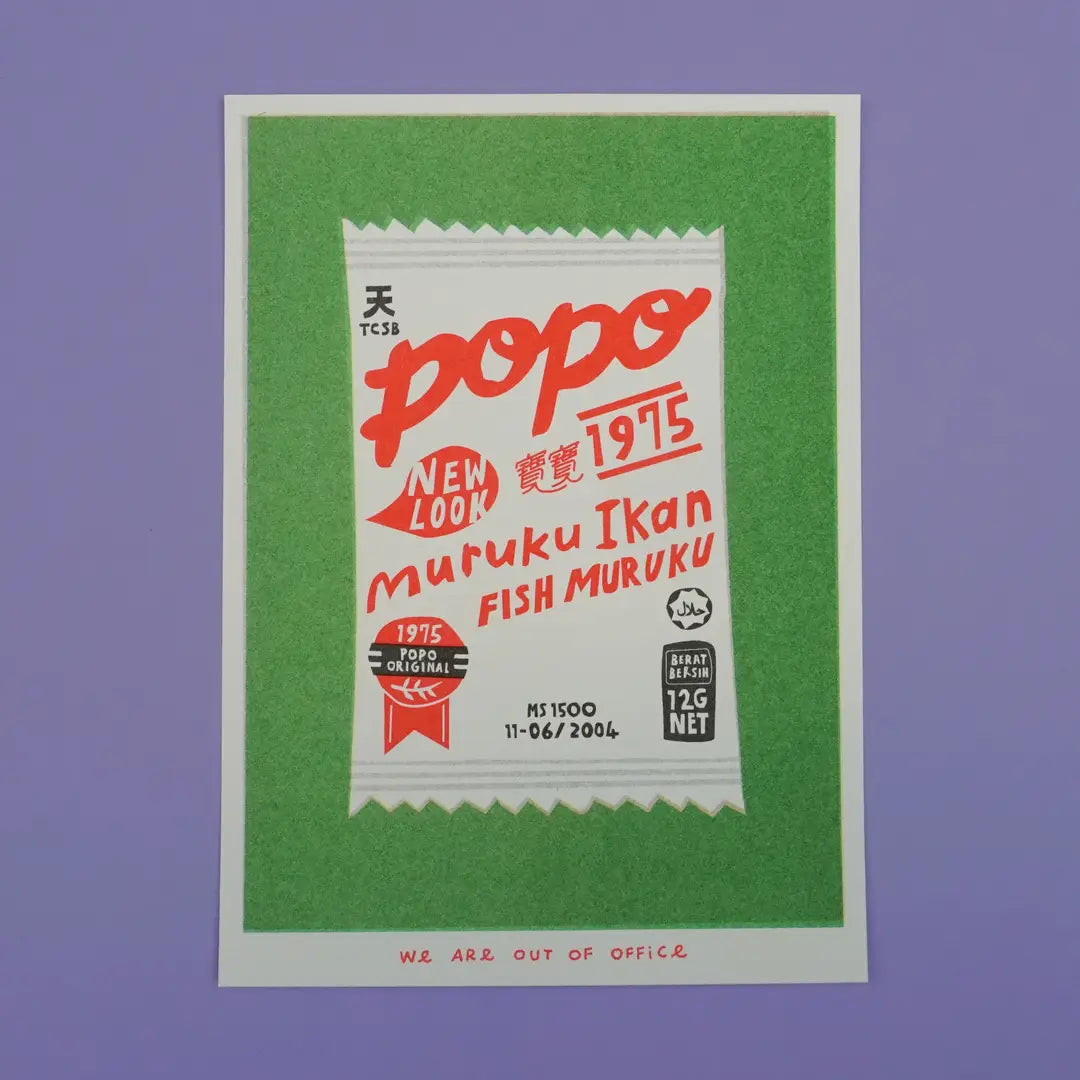 We Are Out of Office risograph art print featuring a Popo fish muruku snack package illustration, photographed on a green and purple background.
