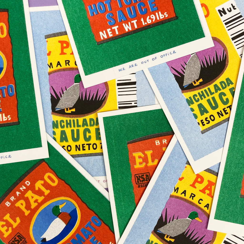 Overlapping We Are Out of Office risograph art prints featuring colorful vintage hot sauce label designs with ducks and bold packaging-style typography.