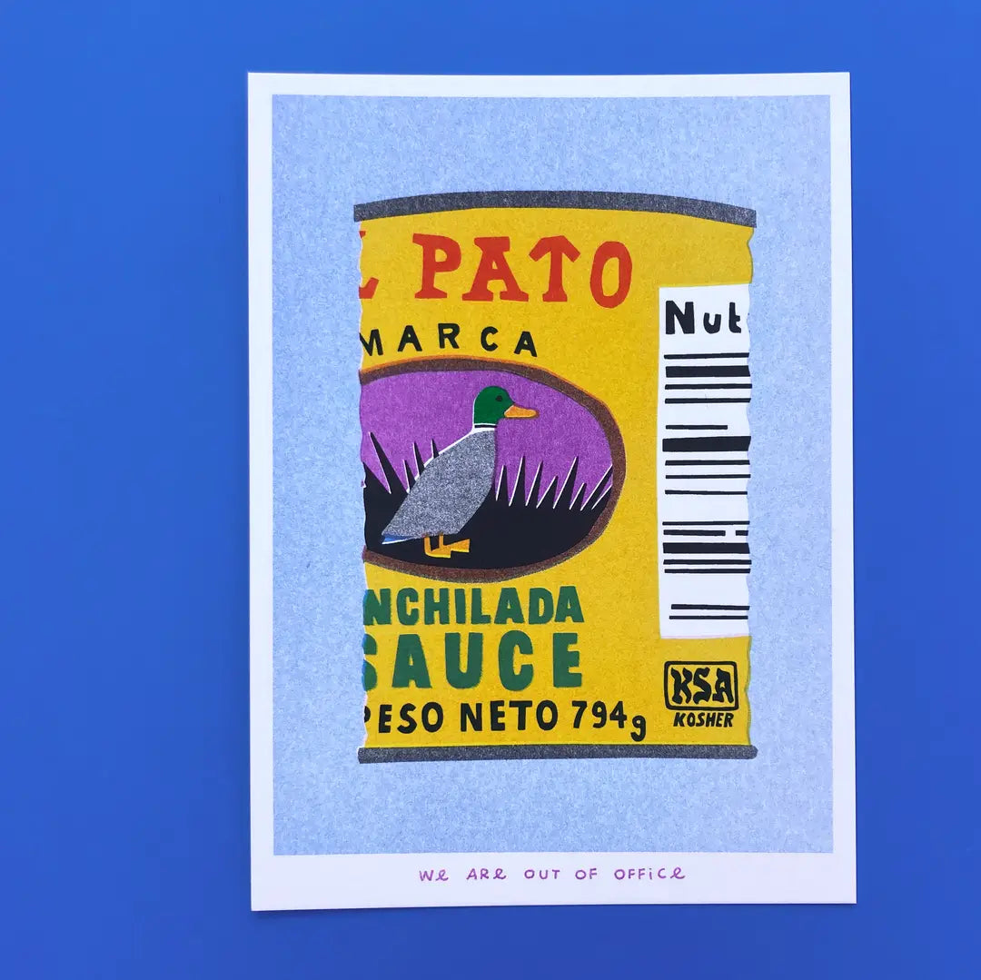We Are Out of Office risograph art print featuring an El Pato enchilada sauce can illustration with a duck, photographed on a blue background.