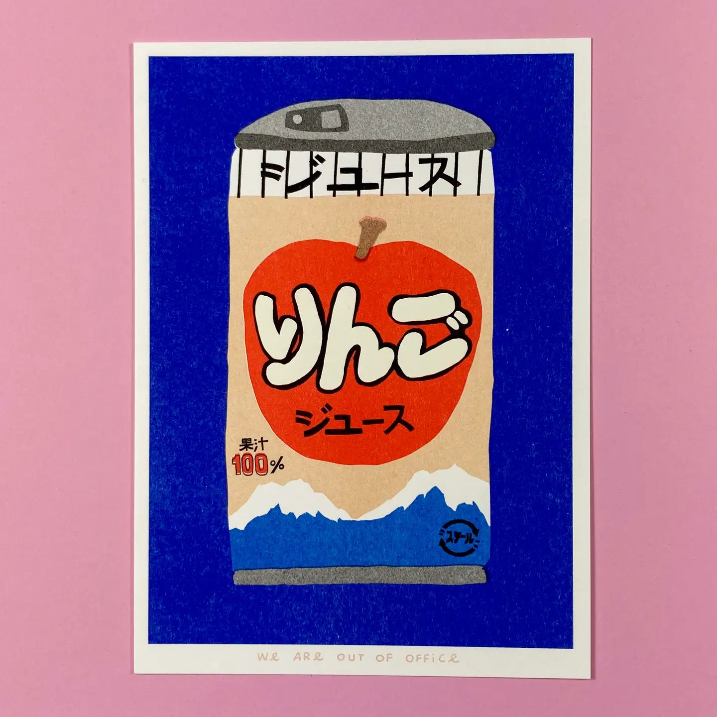 We Are Out of Office risograph art print featuring a Japanese apple juice can illustration with an apple and mountains, photographed against pink.