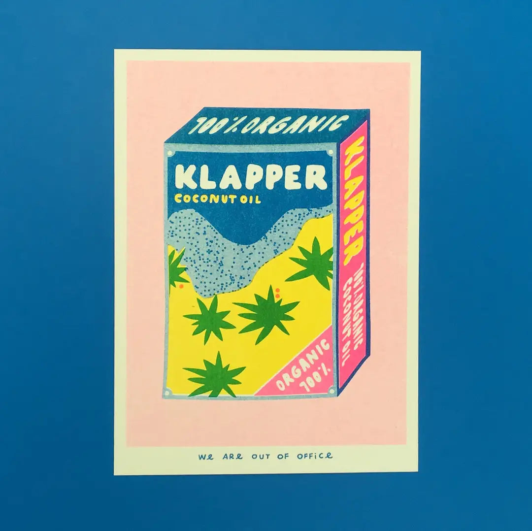 We Are Out of Office risograph art print featuring a Klapper organic coconut oil box illustration with palm leaves, photographed on a blue background.