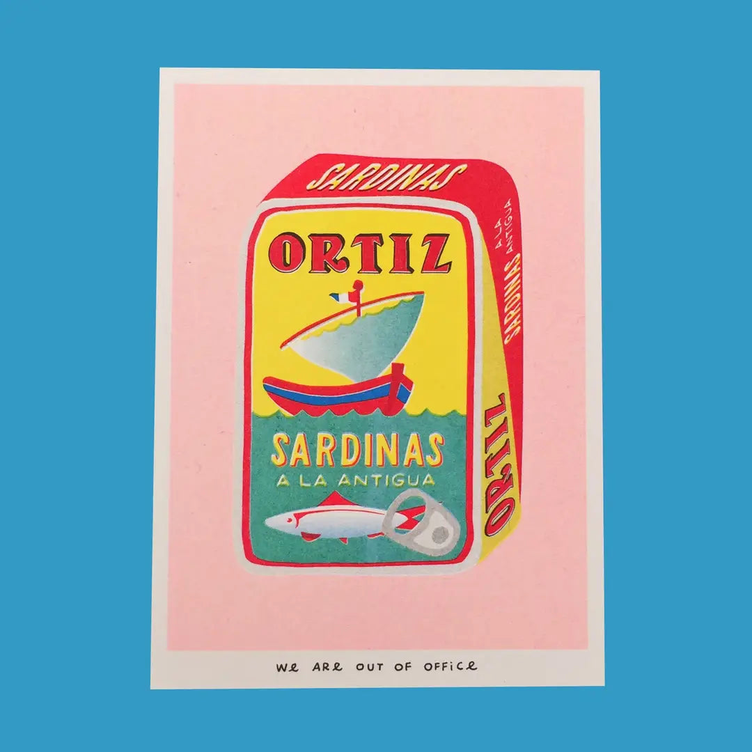 We Are Out of Office risograph art print featuring an Ortiz sardines tin illustration with a boat and fish, photographed on a blue background.