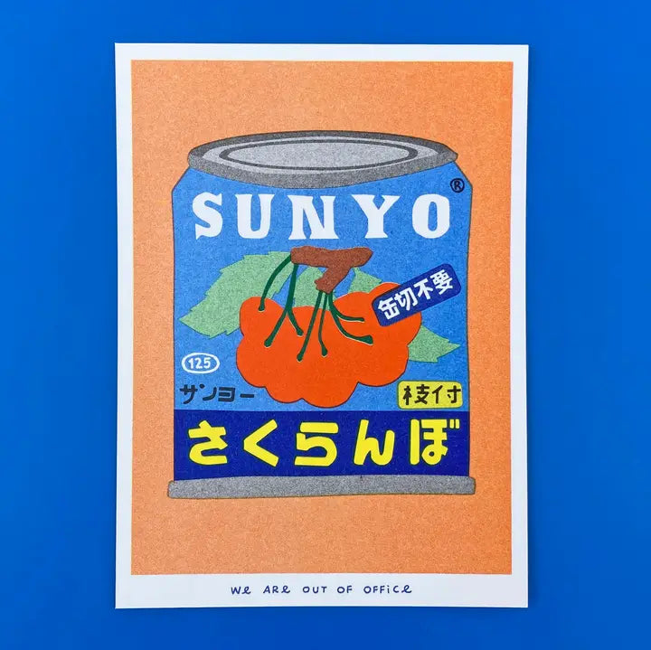 We Are Out of Office risograph art print featuring a Sunyo Japanese sakuranbo cherry can illustration, photographed on a blue background.