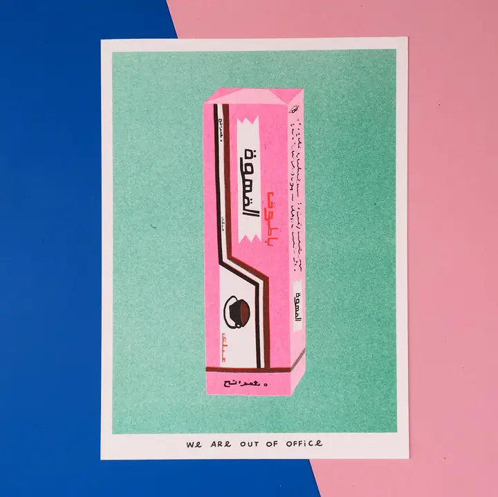 We Are Out of Office risograph art print featuring a pink Arabic coffee gum box illustration on a green background, photographed on blue and pink.