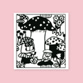Yumi Kitagishi rubber stamp showing oversized spotted mushrooms with a small mushroom character and a tiny figure with round glasses among flowers and foliage, printed in black ink on white paper, on a pink background.