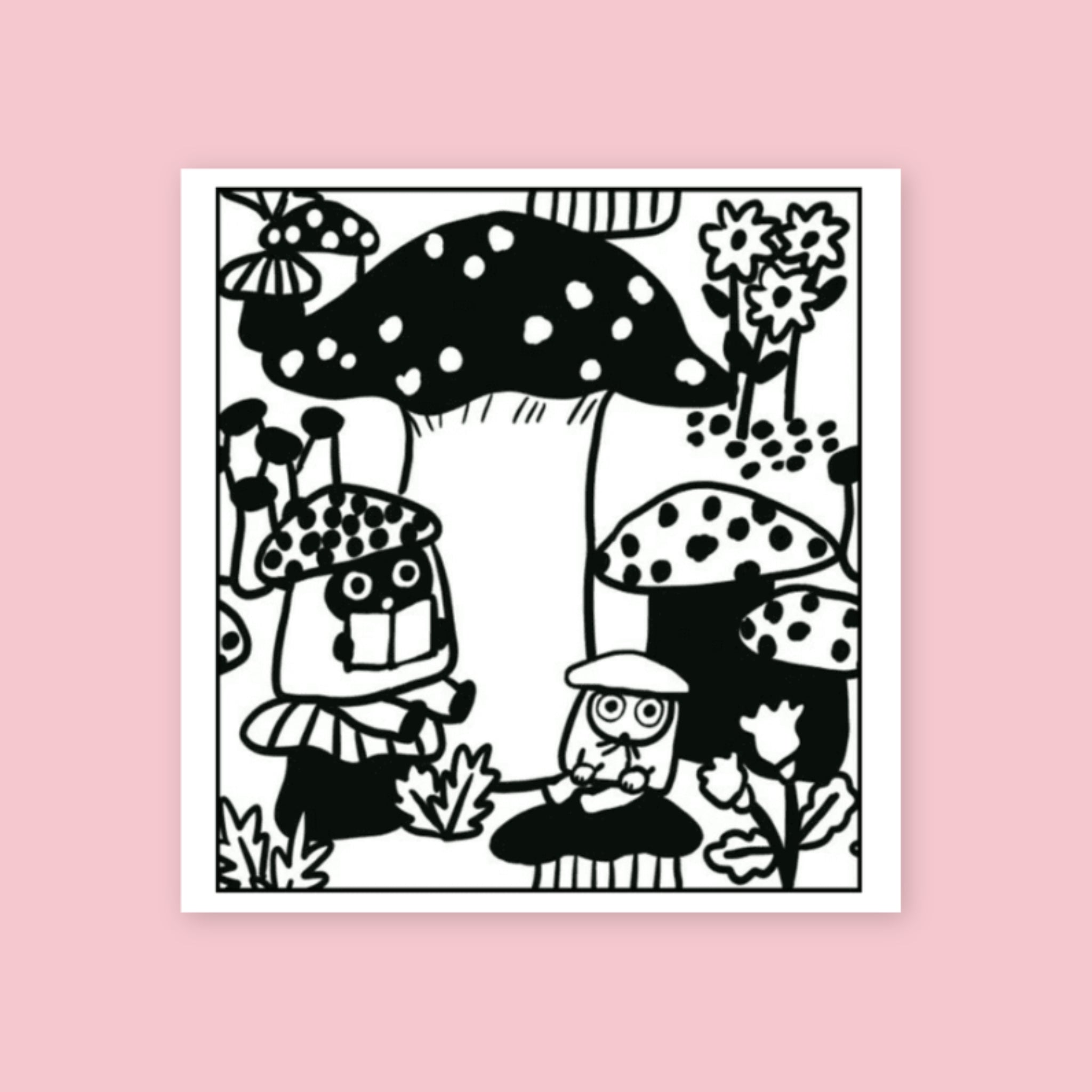 Yumi Kitagishi rubber stamp showing oversized spotted mushrooms with a small mushroom character and a tiny figure with round glasses among flowers and foliage, printed in black ink on white paper, on a pink background.